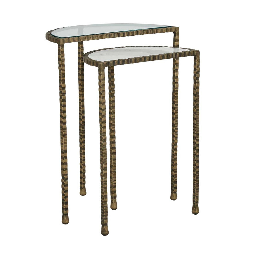 Celeste Crimp Nest of 2 Side Tables - White Marble - Antique Brass