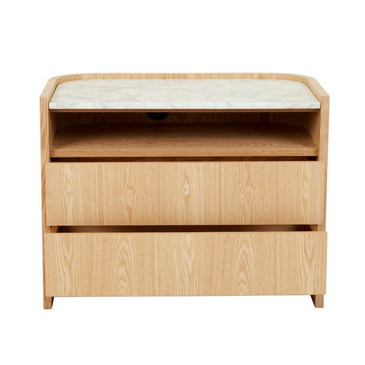 Elsie Two Drawer Bedside - White Marble - Natural Ash