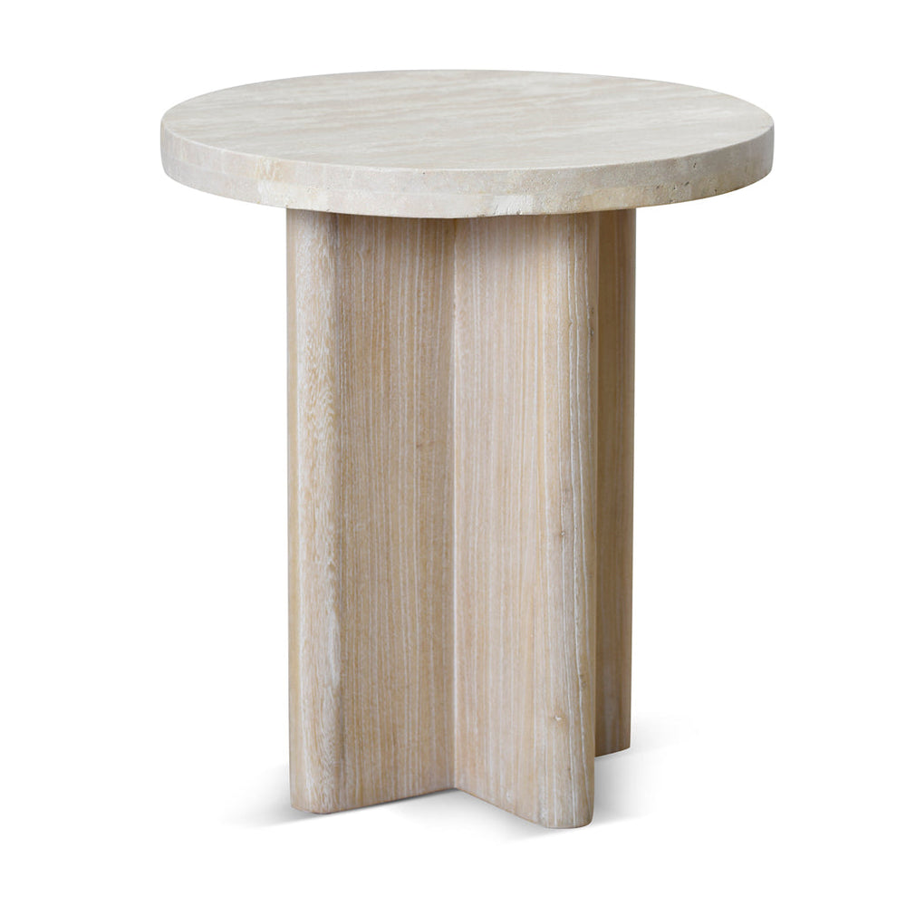 Agosti Travertine Marble Round Side Table - White Wash